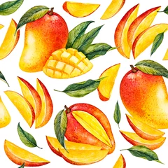 Keuken foto achterwand Aquarel fruit Mango. Botanische aquarel hand getekende illustratie. Exotisch fruit. Aquarel mango. Naadloos patroon