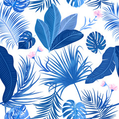Fototapeta na wymiar Tropical jungle palm leaves vector seamless pattern, blue and pink colors