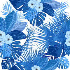 Tropical jungle palm leaves vector seamless pattern, blue colors