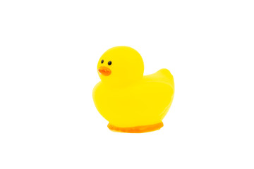 Yellow rubber duck on white background. Selective focus and copy space concept