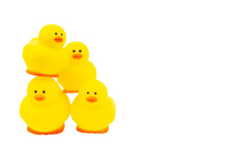 Yellow rubber duck on white background. Selective focus and copy space concept