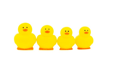 Yellow rubber duck on white background. Selective focus and copy space concept