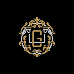 Initial letter U and G, UG, GU, decorative ornament emblem badge, overlapping monogram logo, elegant luxury silver gold color on black background