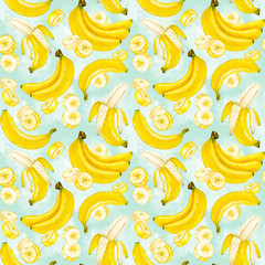 Banana. Banana slice. Bunch of bananas. Watercolor botanical illustration. Watercolor fruit. Pattern.