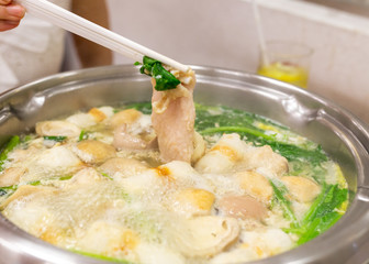 Sukiyaki, Vegetables, meat and seafood in hot soup, healthy food, favourite in Thailand