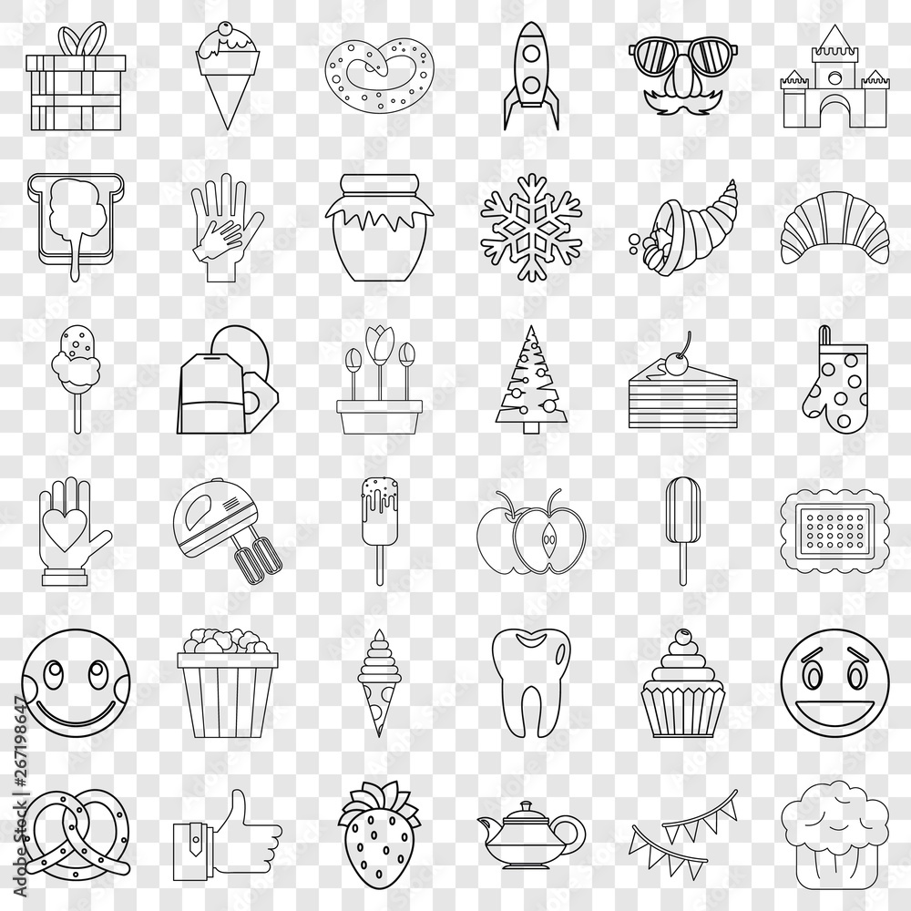 Poster candy icons set. outline style of 36 candy vector icons for web for any design