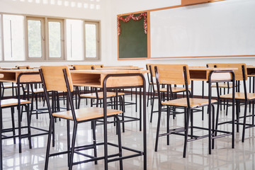 Back to school concept. School empty classroom, Lecture room with desks and chairs iron wood for studying lessons in highschool thailand without young student, interior of secondary education
