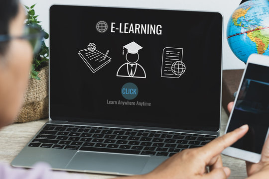 Online tutorial, Training education, e-learning concept. Adult Asian student learn long distane on computer laptop with document, global graduation cap icon, Ideas for study abroad in online courses - Powered by Adobe