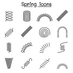 Spring, coil and absorber icon set in thin line style - obrazy, fototapety, plakaty