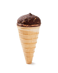 Glazed chocolate  ice cream scoop with cone isolated on white background.