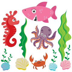  set of marine life images in cartoon style: octopus, marine skate, shark, crab, isolated on white background