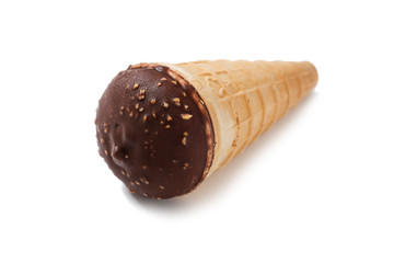 Glazed chocolate  ice cream scoop with cone isolated on white background.