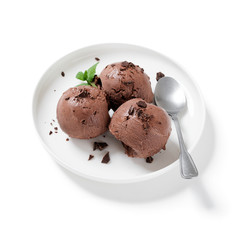 Bowl of chocolate ice cream isolated on white background. 