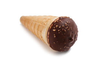 Glazed chocolate  ice cream scoop with cone isolated on white background.