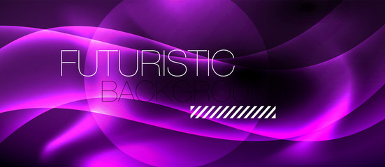 Dark background with neon color waves, vector template