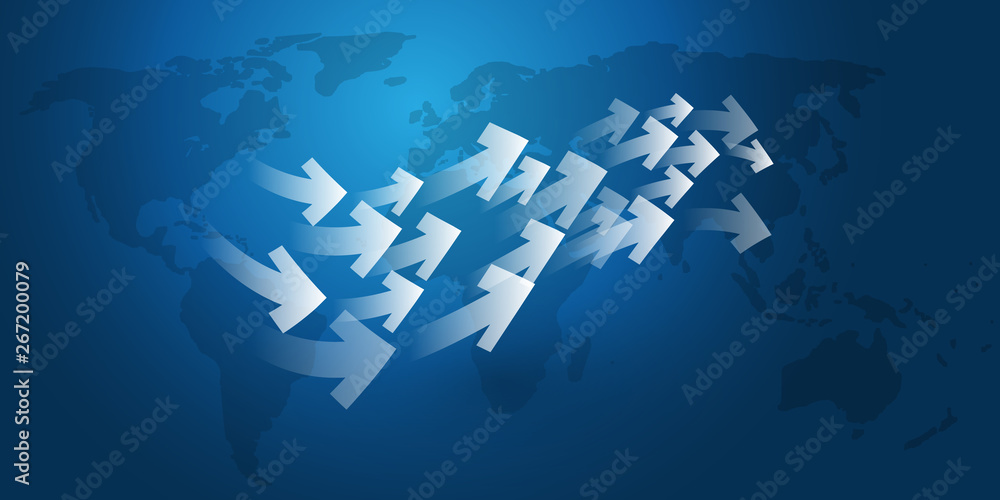 Poster global networks and trading design with arrows and world map - vector template for your business