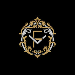 Initial letter V and F, VF, FV, decorative ornament emblem badge, overlapping monogram logo, elegant luxury silver gold color on black background