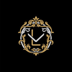 Initial letter V and L, VL, , , decorative ornament emblem badge, overlapping monogram logo, elegant luxury si, er gold color on black background