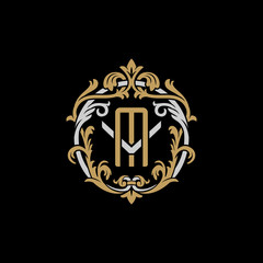 Initial letter V and M, VM, MV, decorative ornament emblem badge, overlapping monogram logo, elegant luxury silver gold color on black background