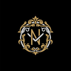 Initial letter V and N, VN, NV, decorative ornament emblem badge, overlapping monogram logo, elegant luxury silver gold color on black background