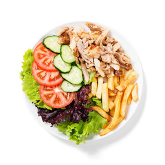 Doner kebab or gyros on a plate isolated on white.