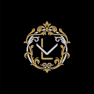 Initial letter V and L, VL, , , decorative ornament emblem badge, overlapping monogram logo, elegant luxury si, er gold color on black background
