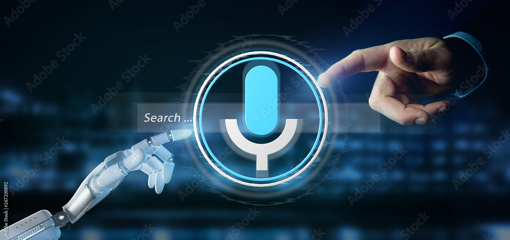 Poster cyborg hand holding a ocal search system with button and icon 3d rendering