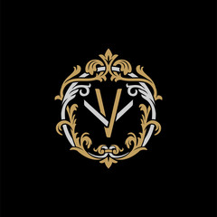 Initial letter V and V, VV, decorative ornament emblem badge, overlapping monogram logo, elegant luxury silver gold color on black background