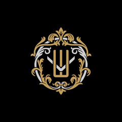 Initial letter V and W, VW, WV, decorative ornament emblem badge, overlapping monogram logo, elegant luxury silver gold color on black background