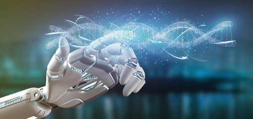 Obraz na płótnie Canvas Cyborg hand holding a DNA branch 3d rendering