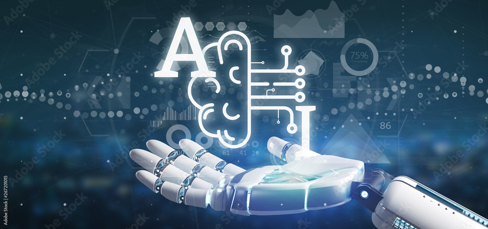 Poster cyborg hand holding artificial intelligence icon with half brain and half circuit 3d rendering