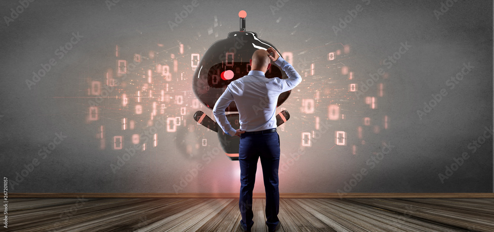 Poster businessman in front of a wall with virus chatbot with binary code 3d rendering