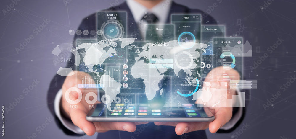 Poster businessman holding user interface screens with icon, stats and data 3d rendering