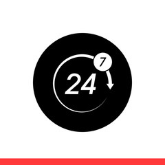 24 7 service vector icon, full day symbol. Simple, flat design isolated on white background for web or mobile app