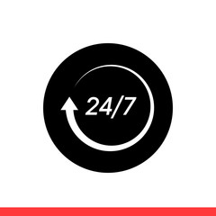 24 7 service vector icon, full day symbol. Simple, flat design isolated on white background for web or mobile app