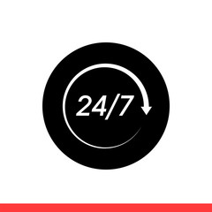 24 7 service vector icon, full day symbol. Simple, flat design isolated on white background for web or mobile app