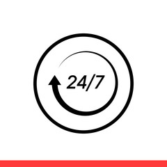 24 7 service vector icon, full day symbol. Simple, flat design isolated on white background for web or mobile app