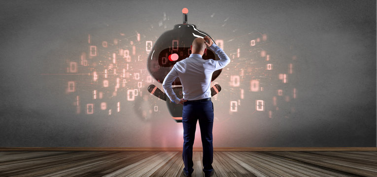 Businessman in front of a wall with Virus chatbot with binary code 3d rendering