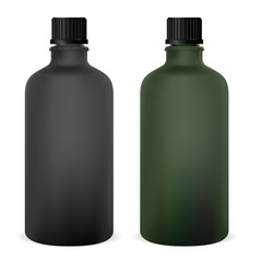 Black Medical Glass Bottle. Medicine Vial for Syrup with Cap. Pharmaceutical Supplement Container Template. Cosmetic Oil or Essence Jar with Screw Neck. Realistic 3d Serum Flask Set.