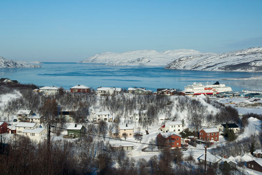 Kirkenes Norway, Landscape looking over township to harbor and passage to barents sea