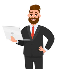 Smiling young business man holding/showing a latest brand new laptop computer device, holding hand on hip. Modern lifestyle, digital technology trend, gadget, human emotions concept in cartoon.