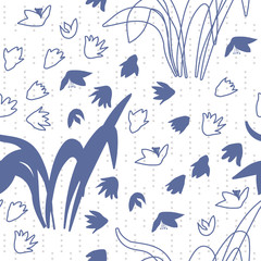 Vector floral seamless pattern with hand drawn scilla or snowdrop flowers and leaves. Modern decorative background in pastel colors.