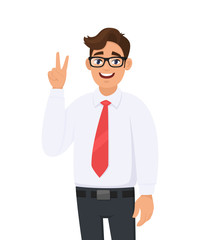 Happy young businessman showing/gesturing two, victory or v sign with hand fingers. Smiling man making peace sign. Positive human emotion, facial expressions concept illustration in vector cartoon.