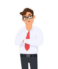 Thoughtful young business man is thinking with crossed arm, holding hand on chin and musing while looking up. Human emotion, facial expression, feeling concept illustration in vector cartoon style.