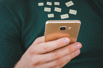 man hand using smartphone 1 email recieve notification icon pop up on screen of mobile phone. Business communication technology concept.