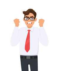 Angry, frustrated young businessman  raised his hand fists shout/screaming. Evil, negative, bad facial expression. Human emotion and body language concept illustration in vector cartoon style.