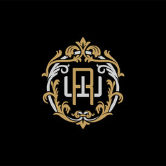 Initial letter W and R, WR, RW, decorative ornament emblem badge, overlapping monogram logo, elegant luxury silver gold color on black background