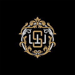 Initial letter W and S, WS, SW, decorative ornament emblem badge, overlapping monogram logo, elegant luxury silver gold color on black background