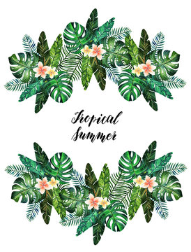 Tropical summer. Watercolor illustration. Beautiful postcard for you.Different leaves and flowers. Background white, set, handmade