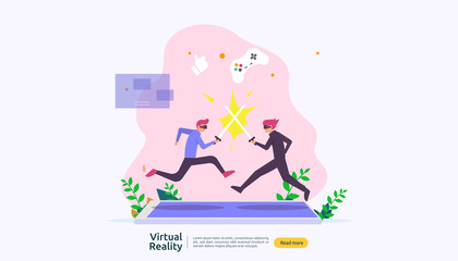 Virtual augmented reality. people character touching VR interface and wearing goggle playing games, education, entertaining, learning. template banner, presentation, promotion poster or print media.